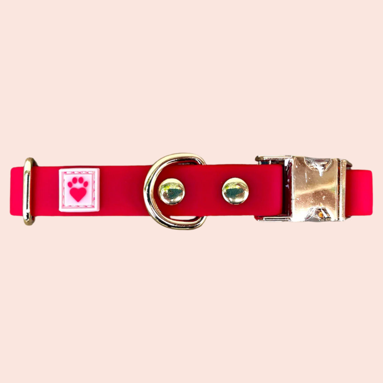 Crimson Red waterproof dog collar with light gold hardware, blending beauty and strength to honor the special bond between you and your dog.