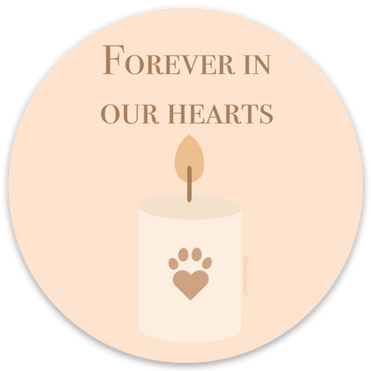 Minimalist vinyl sticker design with a glowing candle and a paw-shaped heart, reading “Forever in Our Hearts” — memorial pet sticker, 3x3 inches.