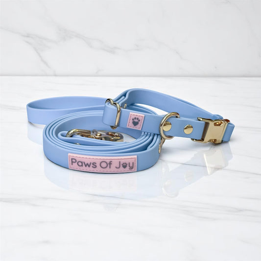 Serenity Blue waterproof collar and leash set with light gold hardware, thoughtfully selected to bring calm, beauty, and ease to every walk you share with your dog.